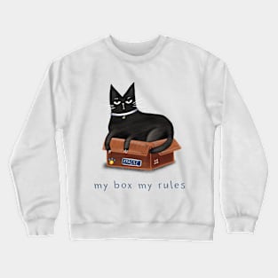 Cartoon black cat in a box and the inscription "My box - my rules". Crewneck Sweatshirt